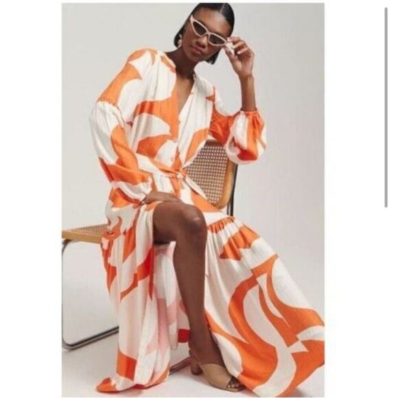 Anthropologie Dresses & Skirts - Anthropologie Tiered Buttondown Maxi Belted Dress Orange & White Abstract XXS